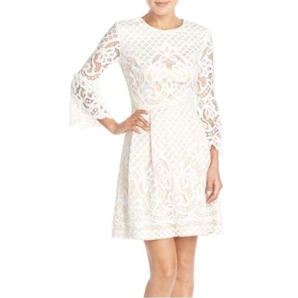 ELIZA J Bell Sleeve Lace Fit & Flare Dress In Ivory Size 6